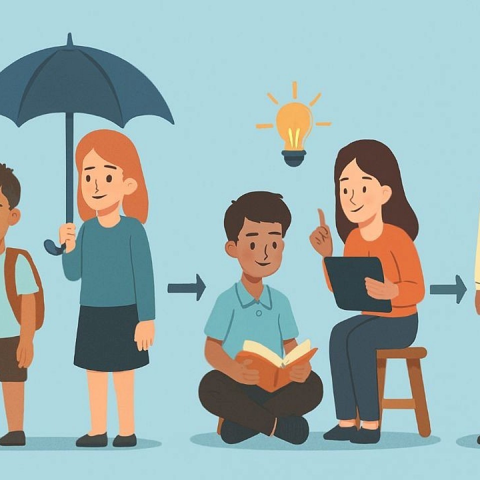 🖼️ Deskripsi Gambar Simbolik “Kisah Nyata – Anak-anak yang Bangkit”  - Tahap 1: Anak kecil dengan ekspresi sedih, mengenakan pakaian lusuh. Seorang relawan menyentuh bahunya dengan empati. - Tahap 2: Anak berada di bawah payung perlindungan, didampingi oleh relawan perempuan yang tersenyum. Pakaian anak sudah bersih dan ia membawa ransel. - Tahap 3: Anak duduk membaca buku dengan fokus, didampingi oleh mentor yang menunjukkan arah dan inspirasi (simbol lampu ide di atas). - Tahap 4: Anak tumbuh menjadi remaja yang percaya diri, mengenakan pakaian formal dan membawa koper kerja—simbol masa depan yang berdaya.  - Gaya: Flat-style ilustrasi dengan latar biru muda, warna hangat dan ekspresi yang berubah dari luka menjadi harapan.